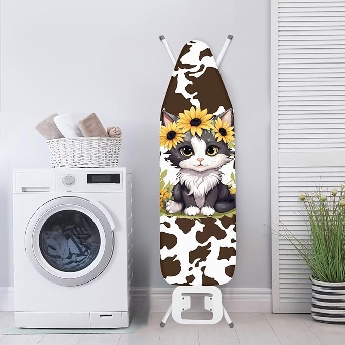 GLENLCWE Sunflower Cat Bronze Cow Ironing Board Cover with Hook and Loop,Cute Animal Print Ironing Board Cover Thick Replacement with Elastic Edge for Home