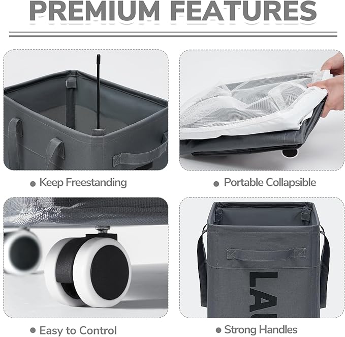 CHICVITA 2-Pack Hamper with Wheels, 75L Large Laundry Baskets with Removable Wash Bags, Foldable Laundry Baskets with Slim Design for Corner Dorms, Rolling Laundry Hamper on Wheels, Grey