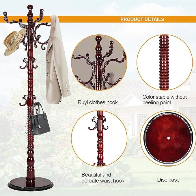 Free Standing Coat Rack with 14 Hooks, Vintage Wooden Coat Tree, Adjustable Height 73 Inches, Retro Coat Stand for Entryway, Living Room, Office & Bedroom (Mahogany) (Walnut, 1 PCS)