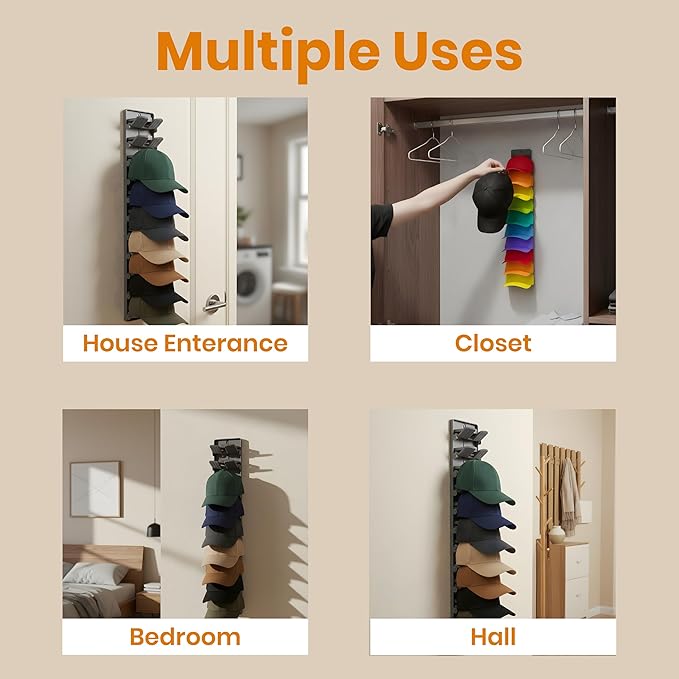 2 Pack Baseball Hat Organiser, Wall Mount Hat Rack with Built-In Spring Clips, Baseball Cap Organizer for Closet & Door, Adhesive or Screw Install, Space-Saving Cap Storage, Multicolour