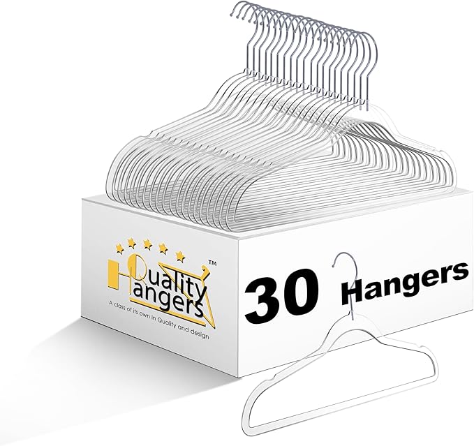 Quality Hangers 14” Clear Plastic Kids Hangers 30-Pack | Durable & Stylish Acrylic Hangers for Petite Adults with 360 Degree Swivel Hook and Notches | Cloths Children Hangers (30, Clear, Chrome)