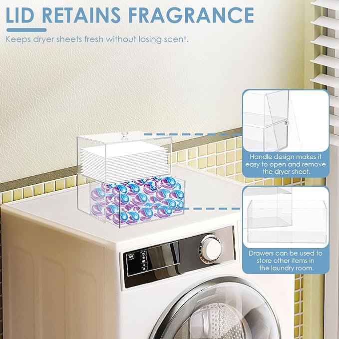 Dryer Sheet Holder 2-Tier Laundry Pod Container with 4 Label Decals Dryer Sheet Dispenser Dryer Sheet Container Laundry Pod Holder Dryer Sheet Box with Drawer, Transparent