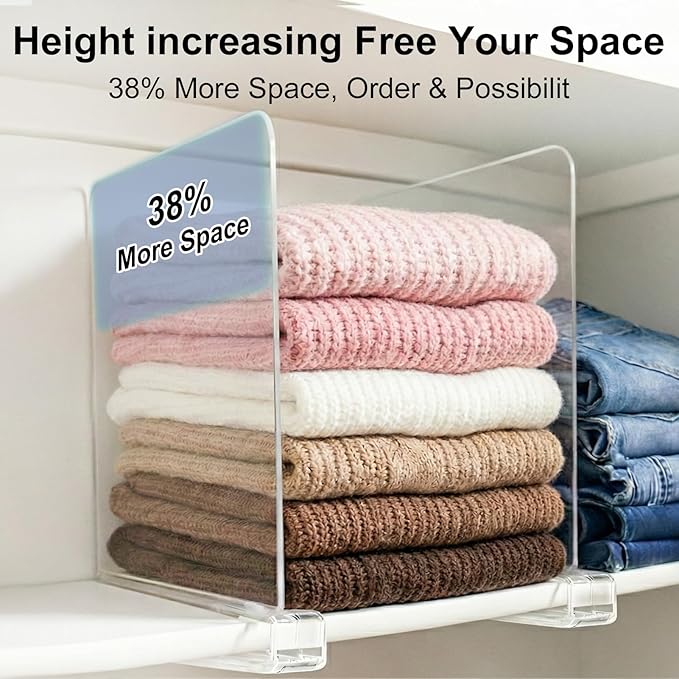 Purse Organizer for Closet Shelf Dividers: 11-inch Tall(Higher Version) Adjustable Clear Acrylic Bag Storage Organizer for Handbags, Sweaters, Towels, Jeans and Shoes on Wood Shelves 6-Pack