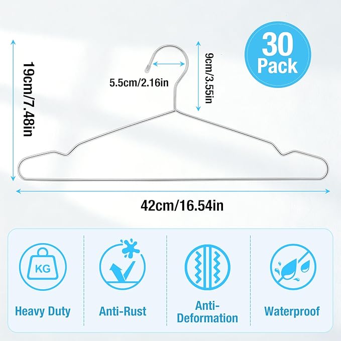30 Pack Wire Hangers, 16.5 Inch Metal Clothes Hangers, Stainless Steel Coat Hanger with Non Slip Notch, Heavy Duty Closet Hanger Ultra Thin Space Saving for Hanging Coats Shirts T-Shirt