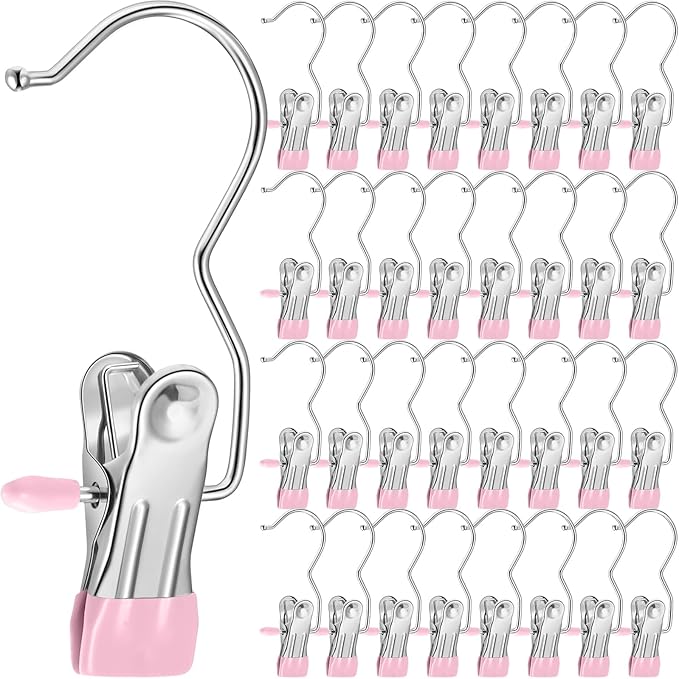 Yinder 250 Pcs Boot Hangers Clips Laundry Hooks Hanging Stainless Steel Clothes Pins Portable Clip Hangers for Closet Travel Socks Pants Handbags Hats Towels (Pink)