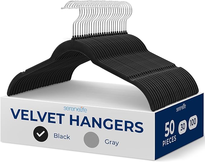 SereneLife 50-Piece Velvet Shirt Hangers – Black Non-Slip, Heavy Duty Clothes Hangers with 360° Swivel Hooks, 0.2" Slim Design, Sturdy & Lightweight Closet Organizers for Shirts, Coats & Pants