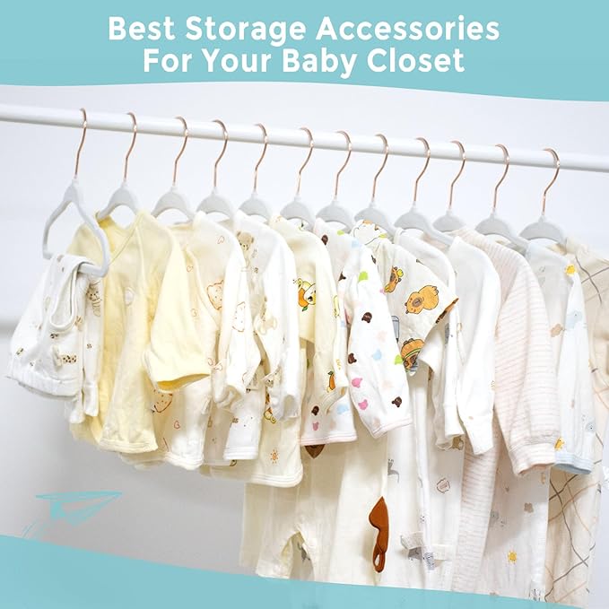 Baby Hangers Velvet - 11 Inch Kids Felt Hanger Non Slip Toddler Clothes - Childrens Hangers for Newborn Clothes - 50 Pack with 10 Hanger Finger Clips, White