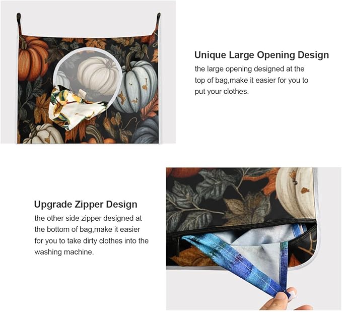 Hanging Laundry Hamper Over the Door with Stainless Steel Hooks Rack Dirty Clothes Wall Mounted Hamper Basket Bag 29.5X20inch Fall Thanksgiving Pumpkin