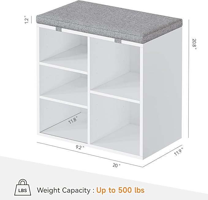 IDEALHOUSE Shoe Storage Bench with Cushion for Entryway, 20" Storage Rack Bench with Padded Seat, Cubby Seat Shoe Cabinet with 3-Tier Adjustable Shelf for Living Room Hallway, White