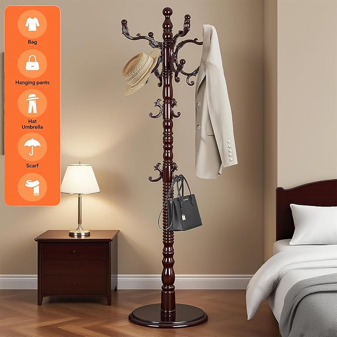 Free Standing Coat Rack with 14 Hooks, Vintage Wooden Coat Tree, Adjustable Height 73 Inches, Retro Coat Stand for Entryway, Living Room, Office & Bedroom (Mahogany) (Walnut, 1 PCS)