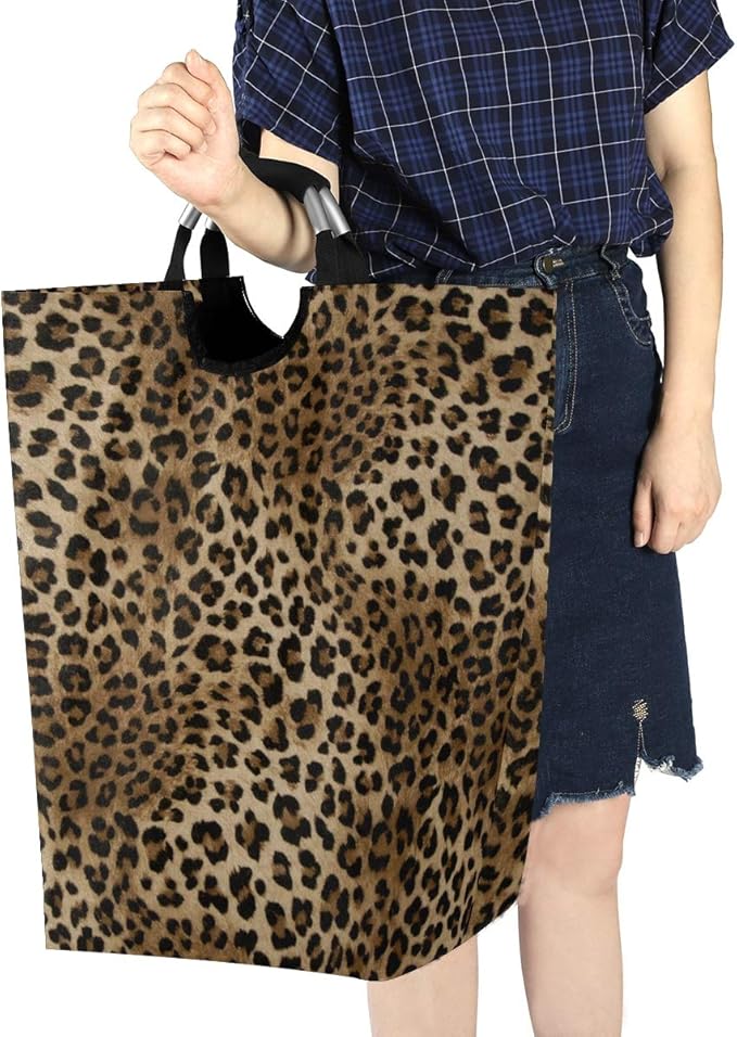 CaTaKu Leopard Brown Collapsible Laundry Baskets, Dirty Clothes Hampers for Laundry, Cheetah Print Large Hamper with Handles, Laundry Room Organization and Storage