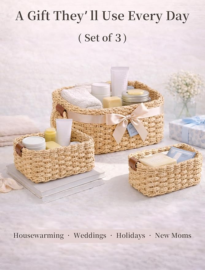 Storage Basket, Recycled Paper Rope Bathroom Basket Organizer, 3Pcs Small Baskets for Organizing, Mini wicker Basket for Decorative Storage Bins, Shelves, Bathroom, Cabinet - Beige