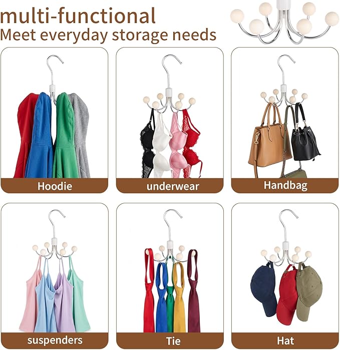 3 PCS Hoodie Hangers, 360° Swivel Sweatshirt Hangers, Scarf Hanger, Wooden Closet Hooks, Handbag Organizer, Bra Hanger, Closet Organizer for Hoodie, Bra, Scarves, Belts, Purse & Accessories Storage
