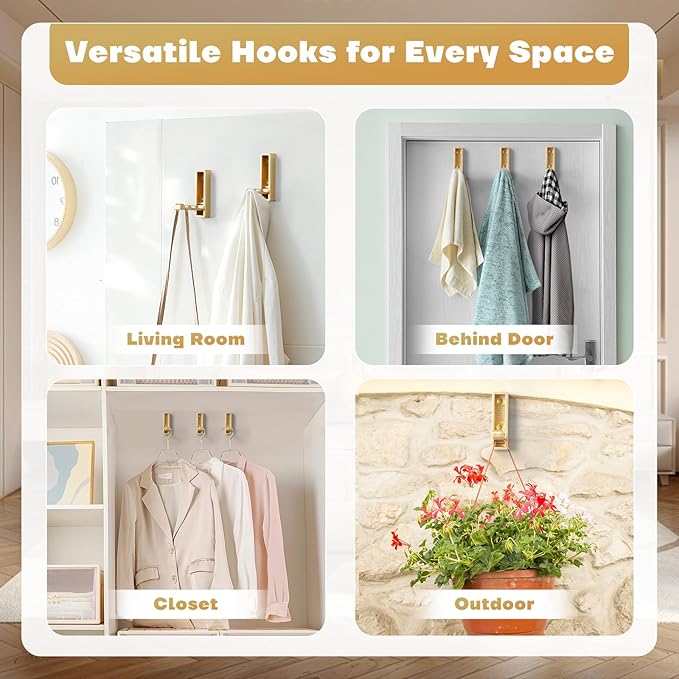 Folding Coat Hooks, 4Pcs Foldable Heavy Duty Wall Hooks Zinc Alloy No Rust Fold Up Hooks for Coat, Towel, Key, Hat, Bag, Jacket, Backpack. (Gold)