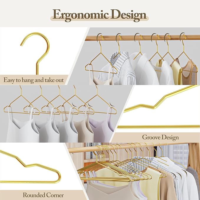 Metal Wire Clothes Hangers Bulk 30 Pack with Notches for Standard Size Coats, Shirts, Suits, Camisole, Dresses, Sturdy, Heavy-Duty, Space-Saving, Gold