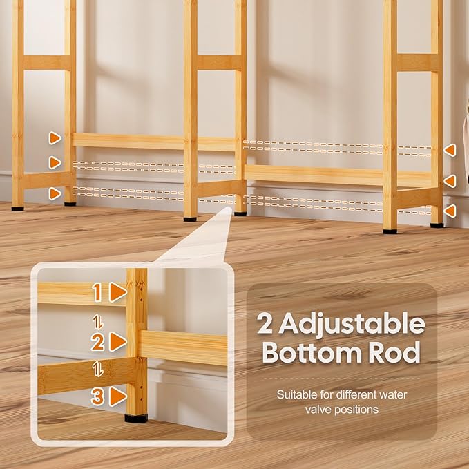 Over The Washer and Dryer Storage Shelf Bamboo,5 Tiers Laundry Room Drying Rack with Adjustable Shelves and 4 Hooks,Space Saver Organizer for Hanging Clothes and Towels (Natural)