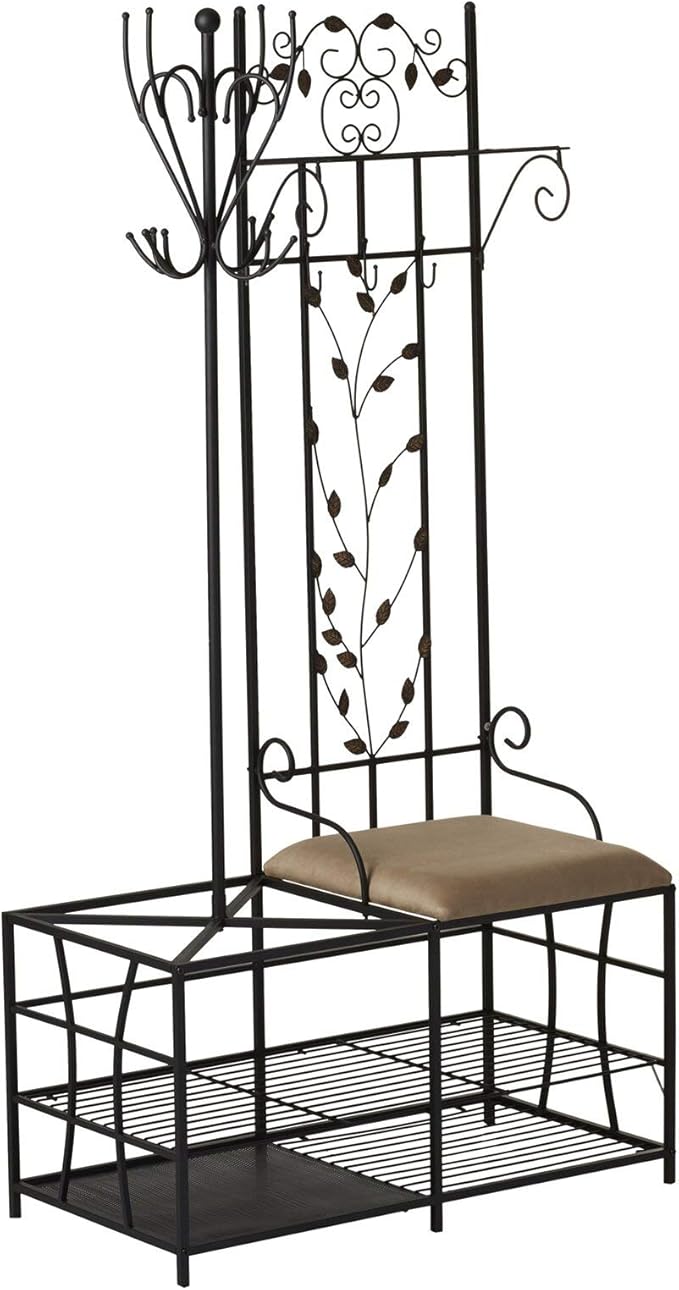 KB Designs - Metal Hall Tree Coat Rack with Shoe Storage Bench, Black