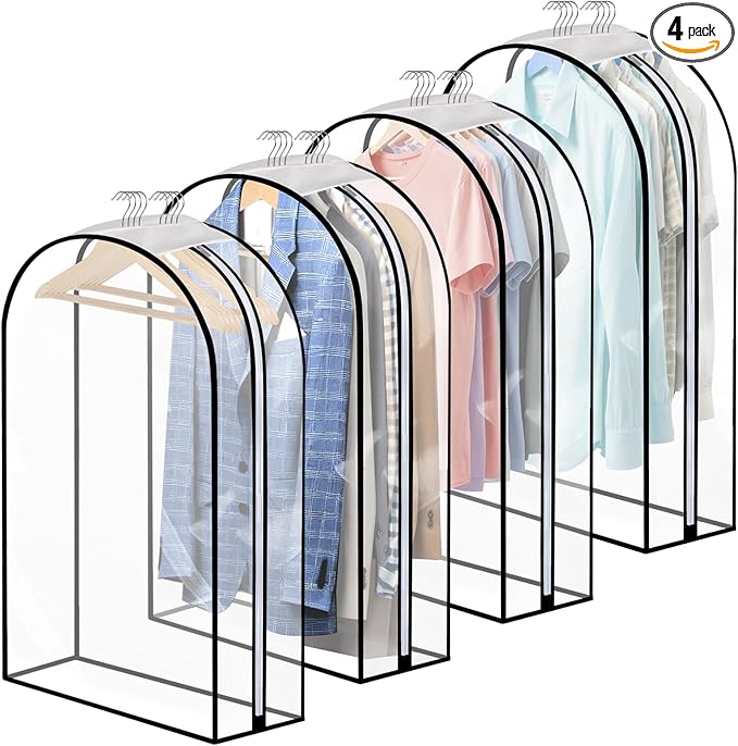 4 Pack Full Clear Garment Bags with Side Zipper, 50" Clothes Covers with 10" Gusset, Transparent Hanging Suit & Coat Covers for Closet Storage, Jackets, Dresses, Windbreakers