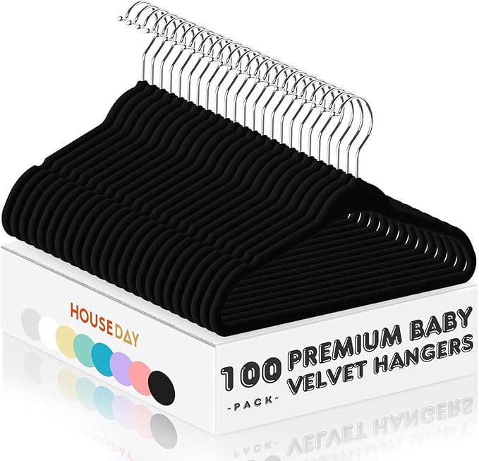HOUSE DAY 11 Inch Velvet Baby Hangers 100 Pack Black, Premium Kids Hangers for Children, Infant & Toddler Clothes, Durable Non Slip Small Baby Felt Hanger for Closet, Ideal for Everyday Use