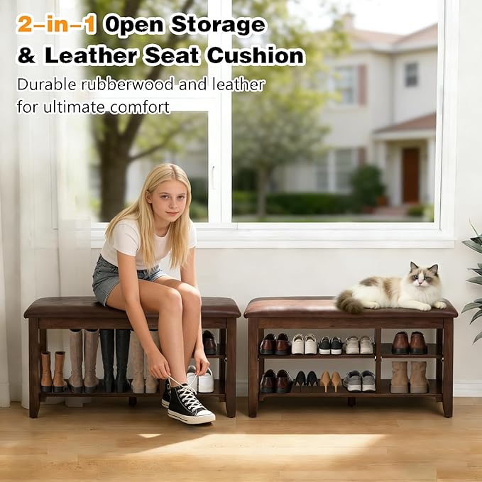 PY HOME & SPORTS Shoe Rack for Entryway 39.4": 2-Tier Shoe Storage Bench, Adjustable/Removable Shelves, Rubberwood Shoe Benches for Hallway, Porch, Bathroom, Brown