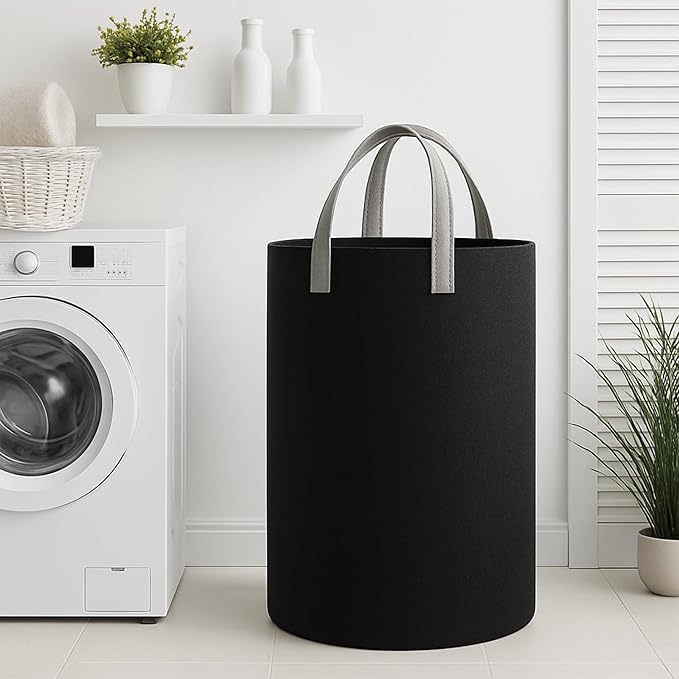 90L Laundry Basket, RECYCLED FROM 40 PLASTIC BOTTLES, Laundry Hamper, Storage Basket, Eco-Friendly Round Laundry Bag with Handles for Dirty Clothes, Toys, Nursery, Dorm (Black)