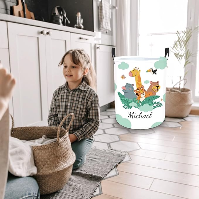 Personalized Woodland Animals Baby Nursery Hamper for Kids, Custom Name Laundry Baskets for Adults, Personalized Toddler Hamper with Name, Clothes Storage Organizer Waterproof