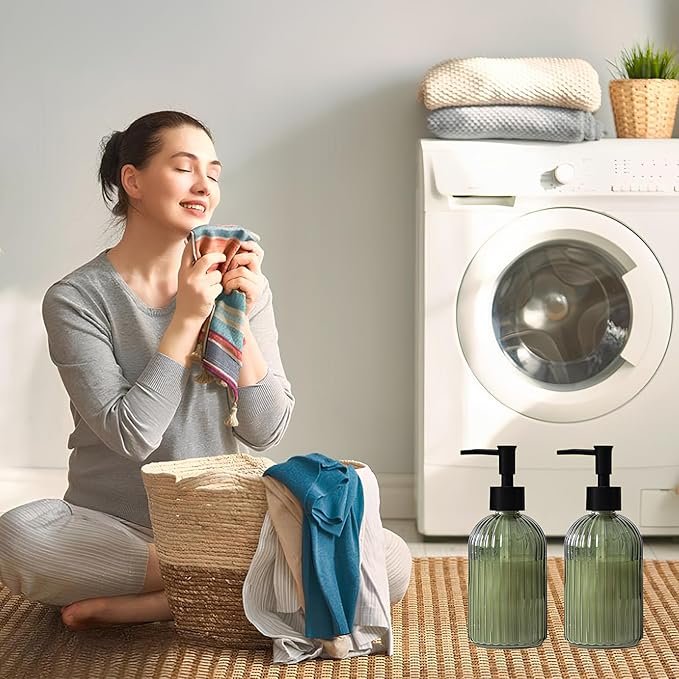 Striped Hand Soap Dispenser, 13.5oz Green Glass Soap Dispenser with Black Plastic Pump, Elegant Refillable Countertop Hand Liquid Dispenser for Kitchen, Bathroom, Dish Soap, Lotion (2 Pack)