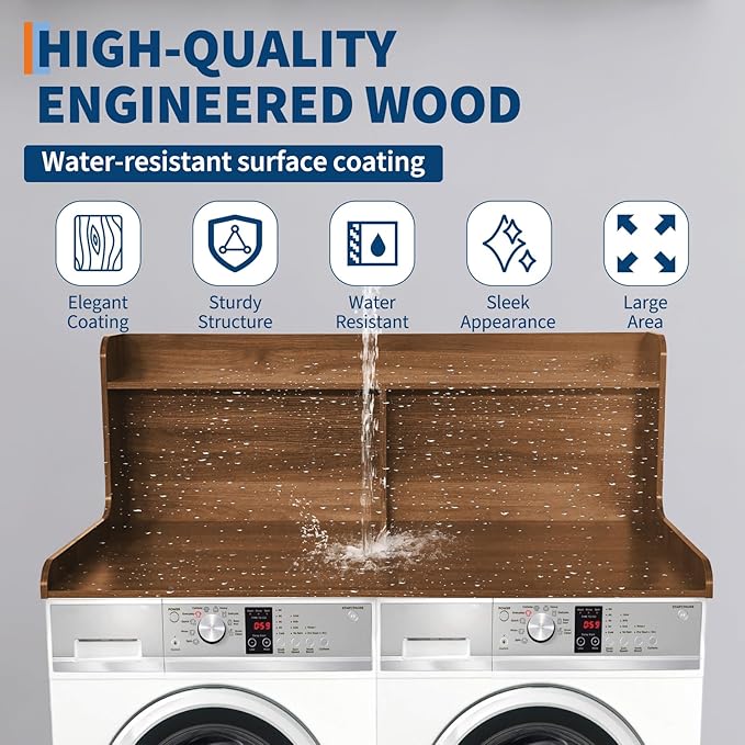 2-Tier Washer Dryer Countertop, 54" W x 27.55" D Laundry Countertop Organization with Non-Slip Pad, Wooden Washer and Dryer Topper for Folding Clothes, Laundry Room Storage