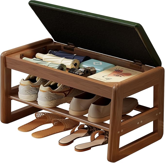 AQIMUELE Small Shoe Rack Bench,2 Tiers Shoe Bench with Storage with Flip-Top,Wood Shoe Rack for Entryway,Hallway（Green Upholstered Seat