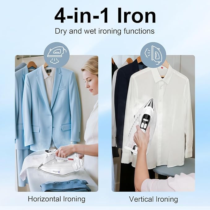 Martisan Steam Iron for clothes, 1800W, Nano Ceramic Soleplate, Dynamic Steam Burst, Precise Thermostat for All Fabrics, Auto-off, Fast Heating, Self-Clean, 4-in-1 Iron, Anti-Drip, Anti-Calc, White
