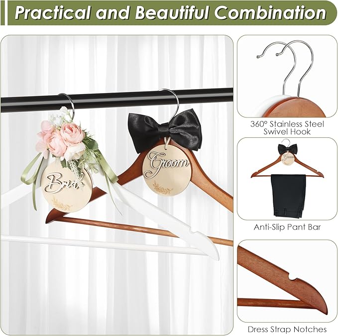 Bride & Groom Hanger with Personalized Name Tags, 2 Pack Dark Wood & White Wood Bridal Dress Hanger for Wedding Day Photos & Gift (Pink & White)