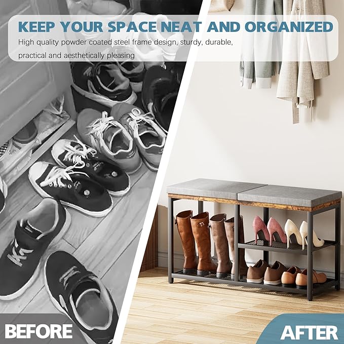 Shoe Rack for Entryway,Freestanding Hidden Shoe Storage Organizer, Boot Shoe Bench Shelves for High Heels with Seat Cushion,Narrow Wood Shoe Rack for Entrance Closet, Hallway, 3 Tier,Brown