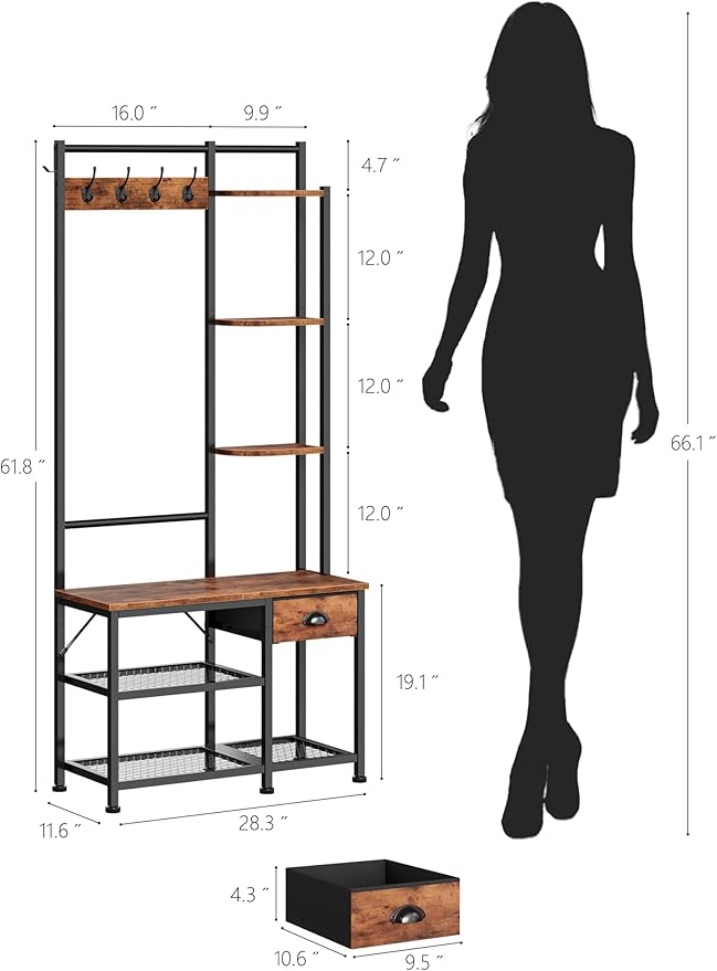 Furologee Coat Rack, Hall Tree with Bench and Shoe Storage, 4 in 1 Entryway Bench, Coat Rack with 3 Shelves and Drawer, Entryway Organizer with 5 Hooks for Hanging, Rustic Brown