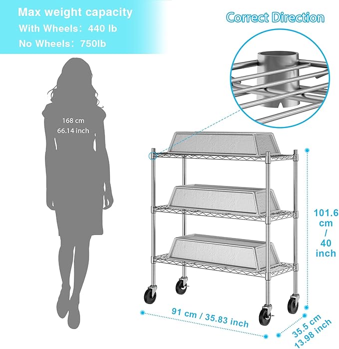 Auslar 3-Shelf Storage Shelves with Casters Heavy Duty 3-Tier Rolling Cart Utility Racks Adjustable Wire Metal Storage Shelving, Chrome