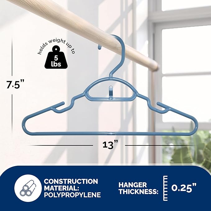 Youth Hangers 30 Pack - 13 Inch Plastic Youth Petite & Childrens Hangers for Closet, Baby Hangers for Children Clothes Sizes 4 to 10, Non-Slip Infant Hangers with Shoulder Grooves | Blue