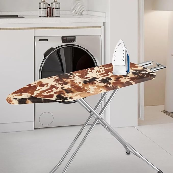 Brown Cow Print Reflects Heat Iron Board Cover, Durable Stretchable Scratches-Proof Fabric Standard Ironing Board Cover, Fitted Extra Wide 15 x 54 Ironing Boards