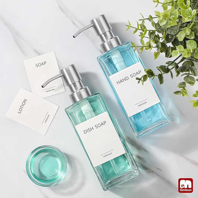 GMISUN Glass Soap Dispenser with Stainless Steel Pump, Clear Hand Soap Dispenser for Bathroom, 12 fl oz/350ml Hand and Dish Soap Dispensers Set for Kitchen, Refillable Liquid Soap and Lotion Bottle