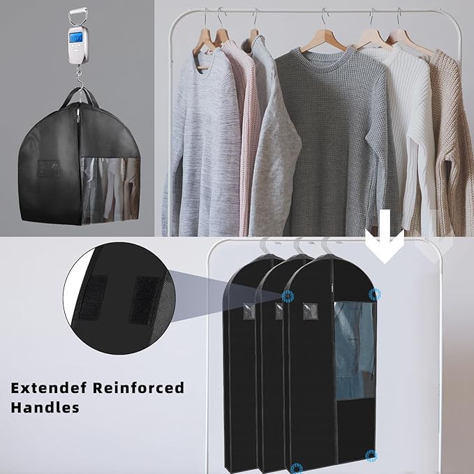 Garment Bags for Hanging Clothes and Travel with 4" Gusseted, Suit Cover for Clothes,Coats,Suit,Jackets,Dress,Shirts,Skirt. (Black-50"-Double zipper-Thickened 80G Non-woven Fabric)
