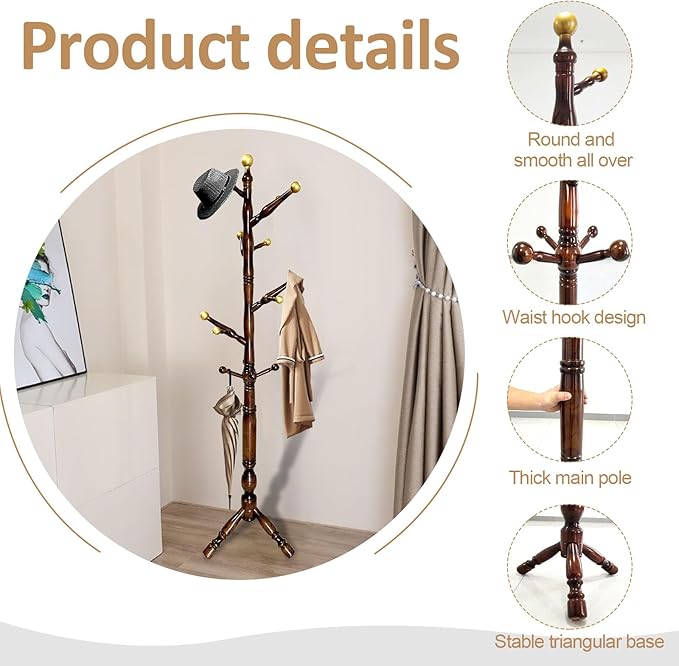 Wooden Coat Rack Freestanding 14 Hooks, Vintage Coat Hanger Stand, Coat Tree Adjustable Height 73", coat racks free standing for Entryway Hallway (Brownish Triangle base)