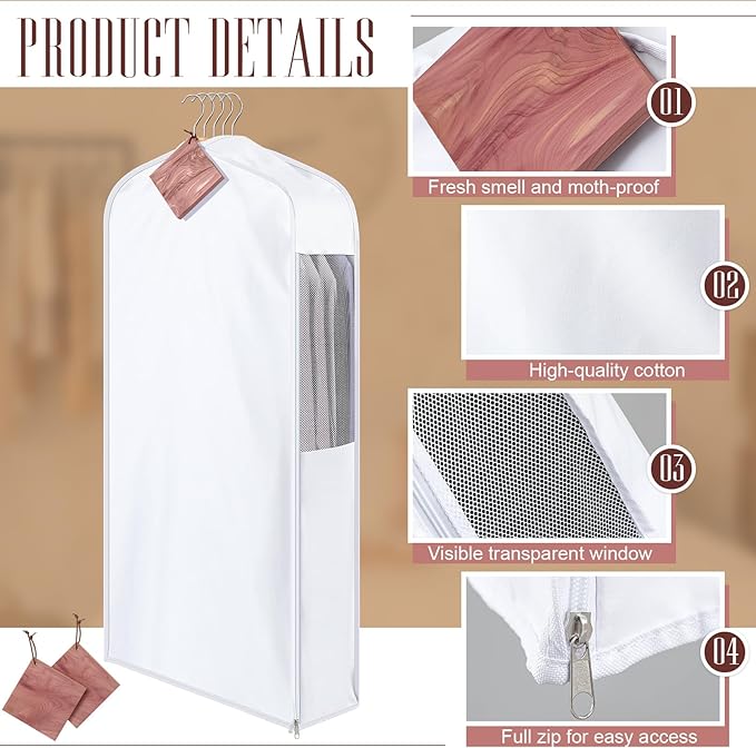 2 Sets 40'' x 24'' x 10'' Short Cotton Garment Bags for Hanging Clothes and Storage, 8 Cedar Blocks for Fresh Smell and Moth Protection, Breathable Covers for Closet Suits Fur Coats Sweaters