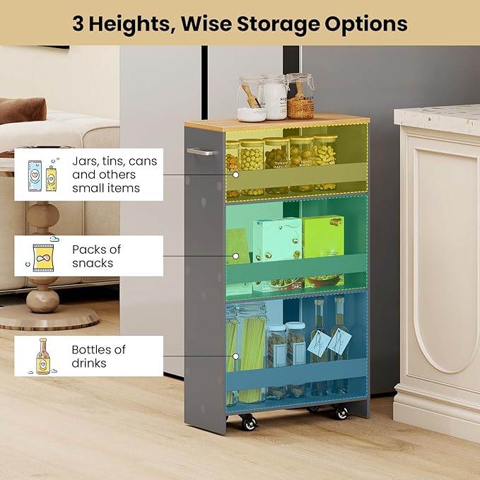 Small Kitchen Cart, 4-Tier Slim Rolling Island w/Handle, Laundry Room Storage Organizers Between Washer and Dryer, Narrow Spice Rack on Wheels Next to Fridge (Gray, 8'')