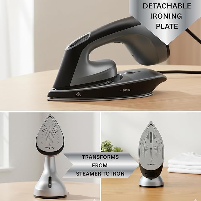 True & Tidy 2-in-1 Iron and Handheld Steamer, 1600W Dual Heating System with Ceramic-Coated Plate, LCD Display, No-Drip Technology, 3 Fabric Modes, Portable Garment Steamer for Home & Travel