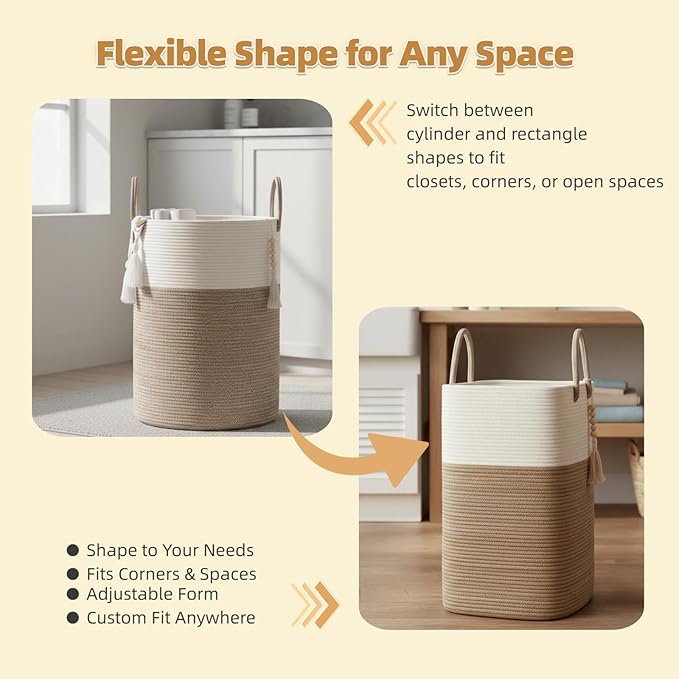 80L Tall Woven Laundry Hamper – Large Foldable Storage Basket with Handles for Clothes, Blankets, Toys, Bathroom, Living Room, Nursery Decor