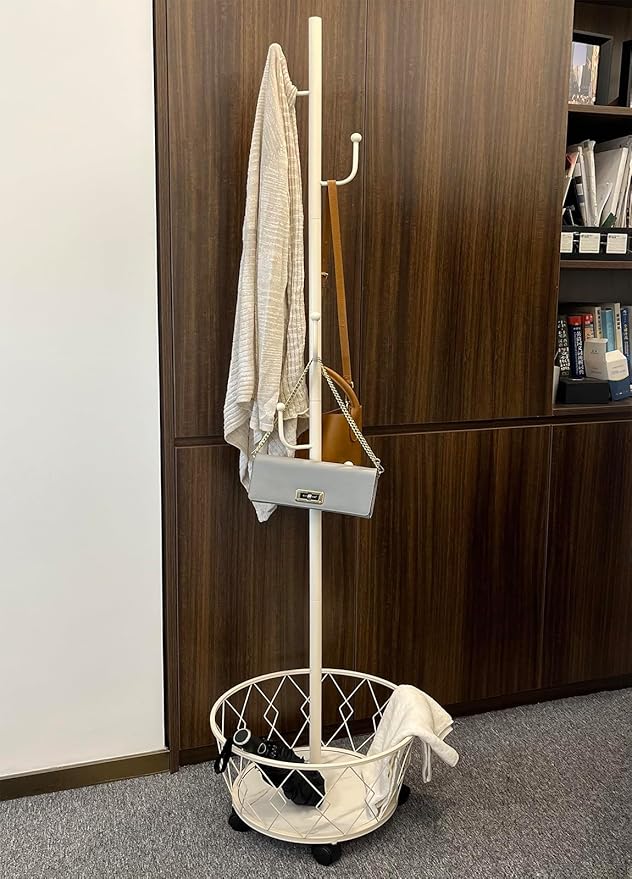 White Cactus shaped Coat Rack Hanger Freestanding, Metal Clothes Rack with Basket 6 Hooks to Hang Clothes, Hat, Bag for Entryway, Hallway, Bedroom