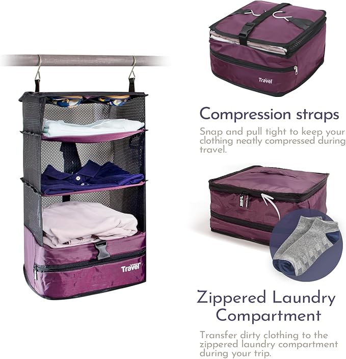 Grand Fusion Stow-N-Go Packing Organizer for Luggage, Portable Hanging Travel Shelves, Carry-On Closet, Hanging Packing Cubes, Collapsible Carry-On Organizer for Cruises & Hotels Burgundy - L