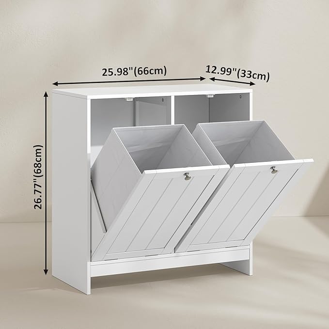 Double Tilt Out Laundry Hamper Cabinet, 11.8 Gallon Hidden Trash Cabinets with 2 Baskets for Kitchen, Freestanding Bathroom Storage Cabinet Unit, White