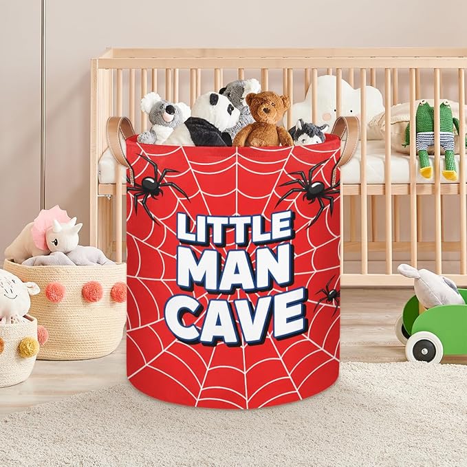 Little Man Cave Laundry Basket Hamper - Spider Web Collapsible Storage Bin for Blankets, Kids Toys, Clothes, 62L Large Red Tall Baby Nursery Hamper for Bathroom, Boys Bedroom Decor, Gift Basket