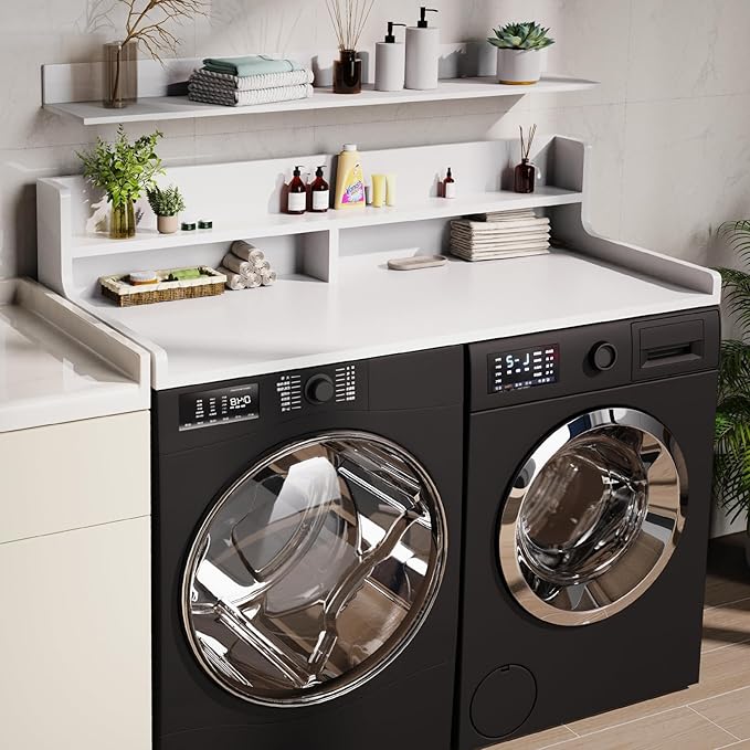 Washer Dryer Countertop, 54" x 27.55" 2-Tier Washer Dryer Topper with Edge, for Laundry Room Organization Whisper White