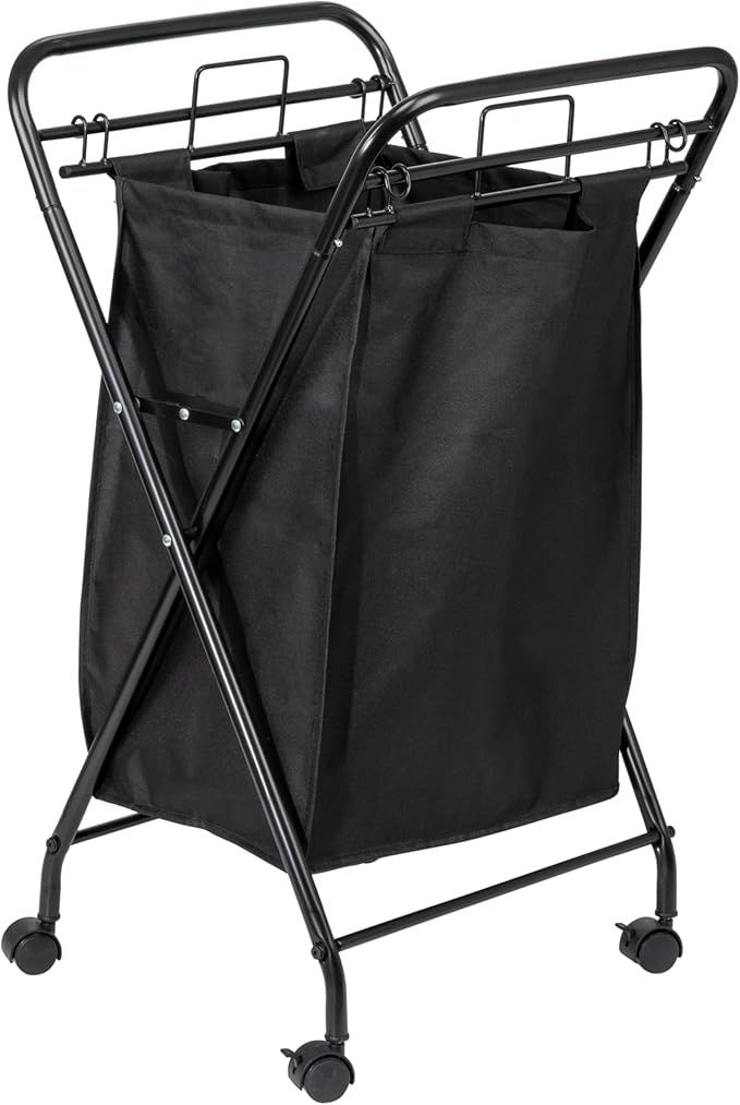 Household Essentials Rolling Laundry Hamper, Heavy Duty Canvas Bag, 2 Load Capacity, Foldable Frame, Black Bag with Velcro Fasteners, Black