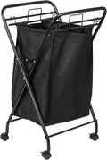 Household Essentials Rolling Laundry Hamper, Heavy Duty Canvas Bag, 2 Load Capacity, Foldable Frame, Black Bag with Velcro Fasteners, Black